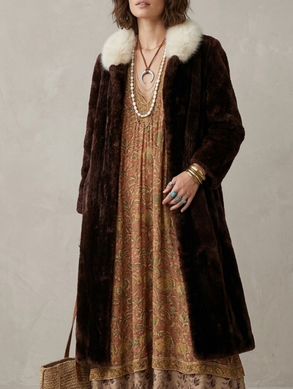 Vintage Plush Brown Fur Coat White Fox Collar Embroidered Lining Full Length M/L